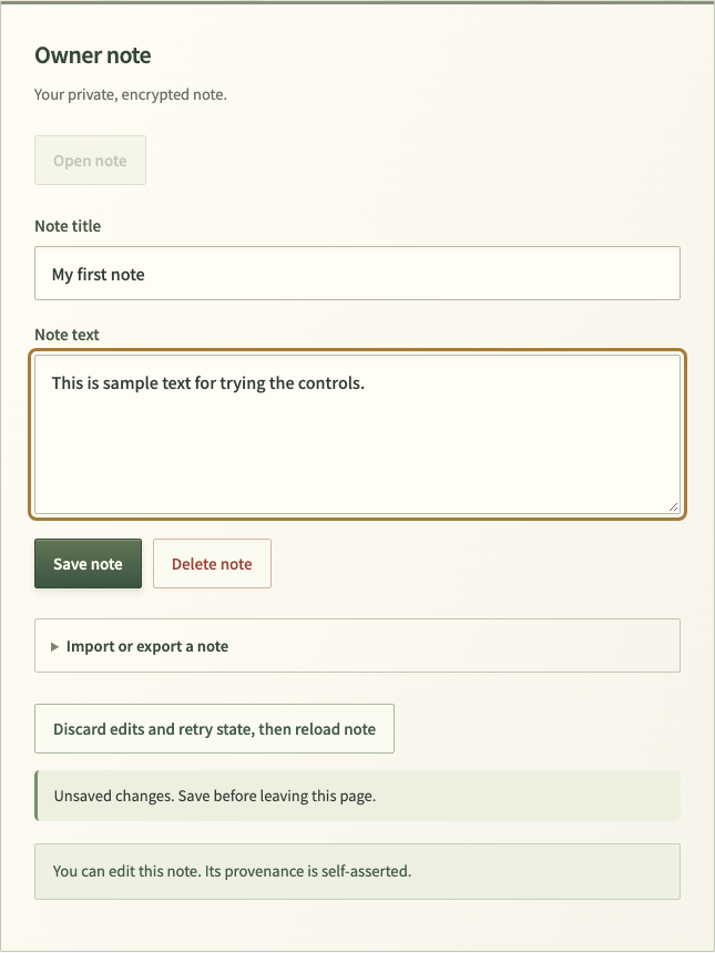 Sample title and text entered in the note editor with an unsaved-changes message