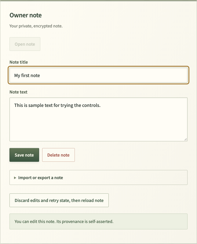 The sample title and text shown again after choosing Open note