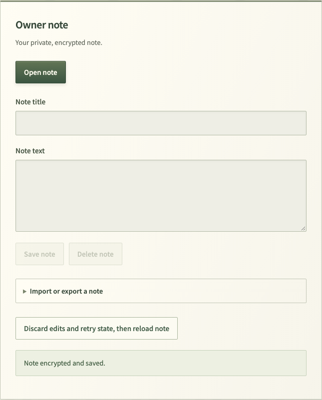 Closed note fields with the Note encrypted and saved message
