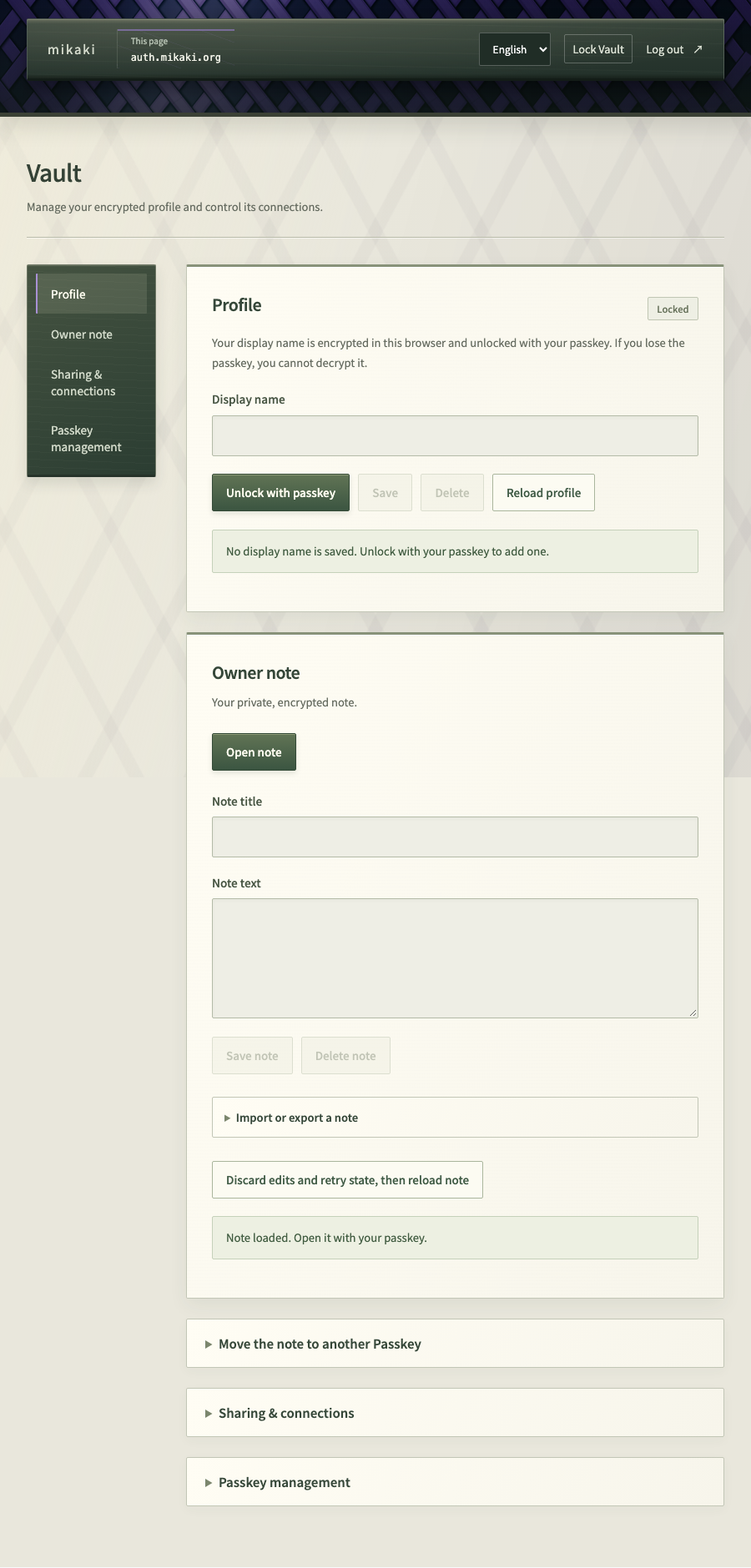 Vault after login with the profile and owner note locked
